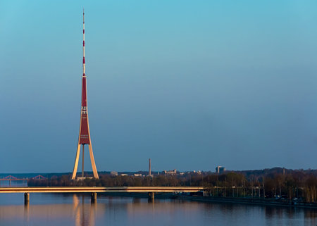 Riga, Latvia - April 22, 2019: View of Riga city - capital of Latvia. Amazing view on the river Daugava and the main TV tower.のeditorial素材
