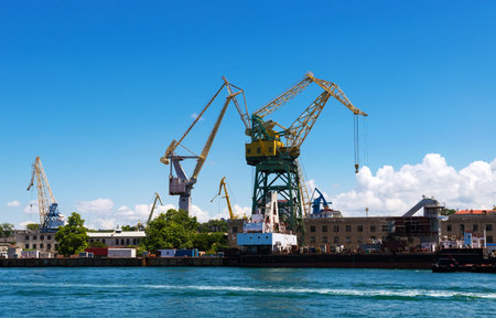 Cargo crane, freight traine and coal in port.