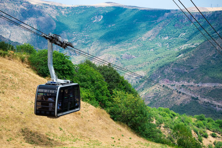 Tatev, Armenia - July 18, 2021: View over Vorotan River Gorge from Tatev Cable Car ropeway in Armenia, longest aerial tramway in the worldのeditorial素材