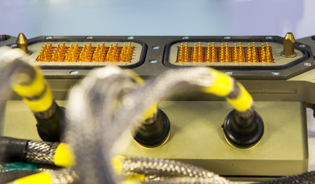 Modern electronic device for relay protection testing and commissioning closeup. Power cable...