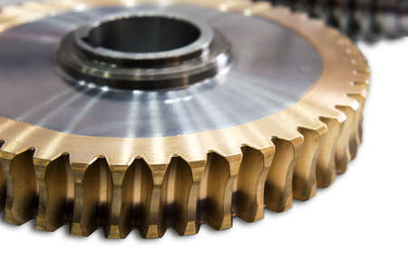 Leading gear wheel of conic type. Isolated on white backgroundの写真素材
