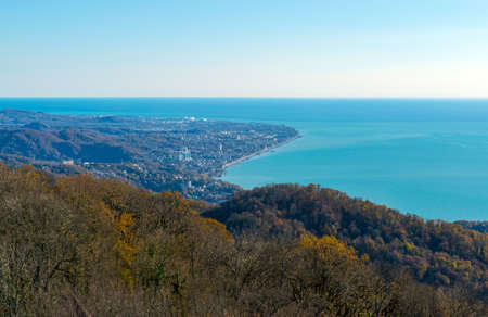 View of the sea and the city center of Sochi from the observation deck of the Tower on Mount big Ahunの写真素材