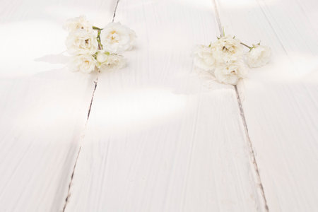 sprig of white small roses on white wooden background. Happy Birthday. Wedding invitation.の写真素材