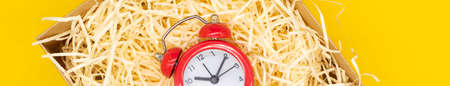 red round analog alarm clock in a box on a yellow. time 10:10.の写真素材
