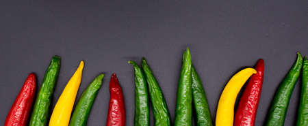 colorful hot chili pepper on a black backgroundの写真素材