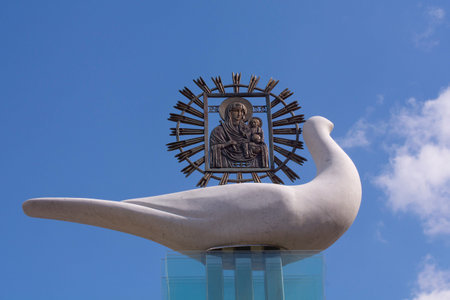 Minsk, Belarus-April 19, 2021: Monument in honor of the appearance of the icon of the Mother of God...