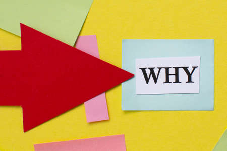 the red arrow points to the word why on the yellow one with colorful stickersの写真素材