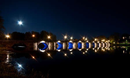 Pedestrian bridge over the river in the eveningの写真素材