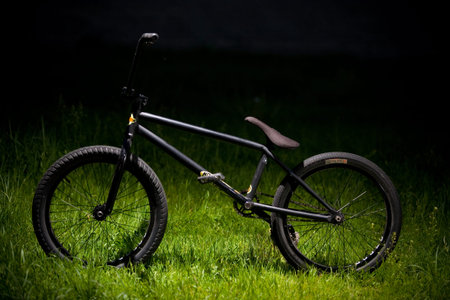 Black bike stands on green grass