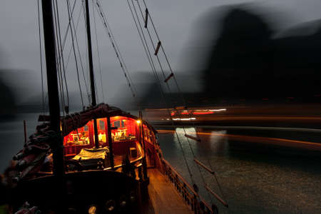 Light on the ship in the cabin at nightのeditorial素材