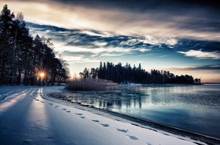 Charming winter sky over snowy natureの写真素材