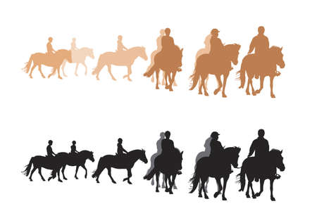 group of children riding fjord horses, two color versionsのイラスト素材