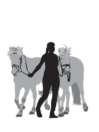 teen girl leading two fjord horsesのイラスト素材