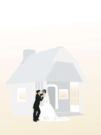 bride and groom  in front of the houseのイラスト素材