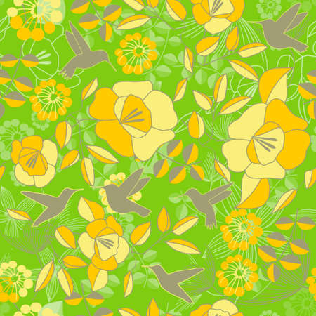 Seamless floral pattern with humming birds のイラスト素材