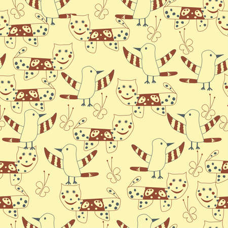 Seamless Kid Pattern with Cats and Birds. Child's doodlesのイラスト素材
