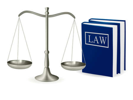 Brass scales of justice and law books . Vector illustration.のイラスト素材