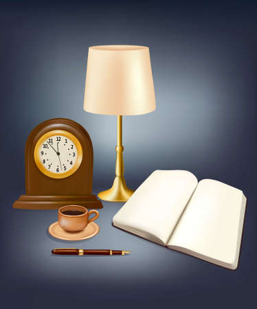 Blank calendar, open book, lamp and a pen on blue background. Vectorのイラスト素材