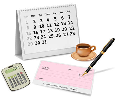Black checkbook with check, pen and dollars. Vector illustration.のイラスト素材