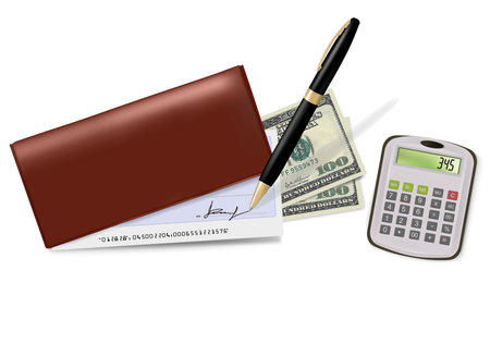 Brown checkbook with check, calculator and dollars. Vector illustration.