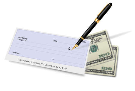 Black checkbook with check, pen and dollars. Vector illustration.のイラスト素材