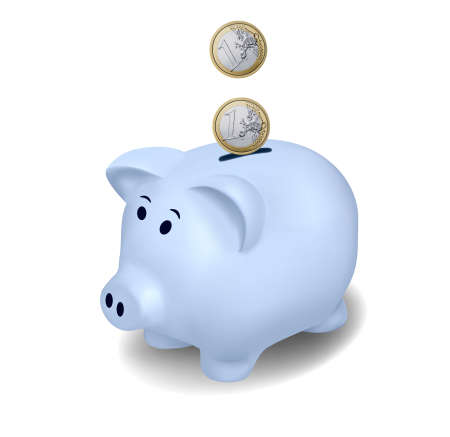 Euro coins falling into piggy bank. Vector.のイラスト素材