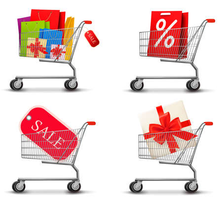 Collection of shopping carts full of shopping bags and gift boxes. Concept of discount. Vector.のイラスト素材