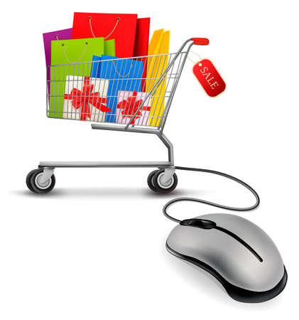 Shopping bags in shopping cart and computer mouse. Concept of e-shopping. Vector illustration.のイラスト素材