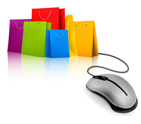 Shopping bags and computer mouse. Concept of e-shopping. Vector illustration.のイラスト素材