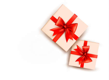 Holiday background with gift boxes with red bow. Vector illustrationのイラスト素材