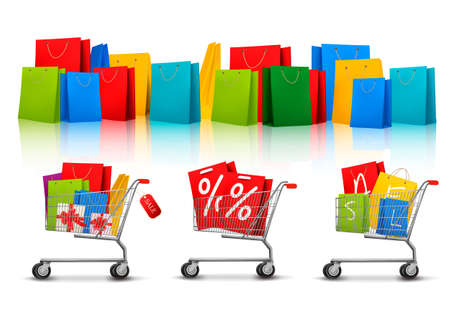 Background with shopping color bags and shopping carts with sale. Concept of discount. のイラスト素材