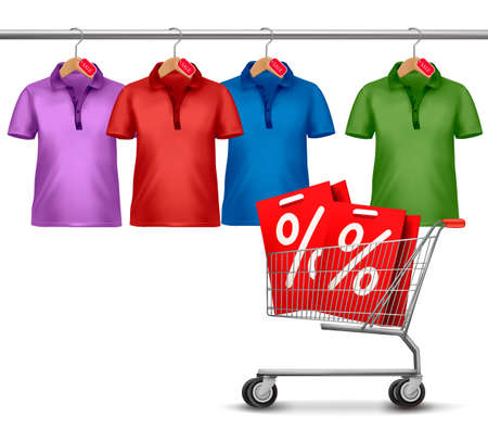 Shirts hanging on a bar and a shopping cart. Concept of discount shopping. のイラスト素材