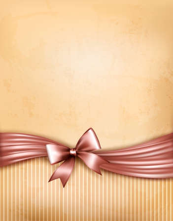 Vintage background with red gift bow and ribbon on old paper. Vector illustration.のイラスト素材