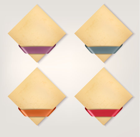 Set of retro cardboard paper banners with color ribbon tags. Vectorのイラスト素材