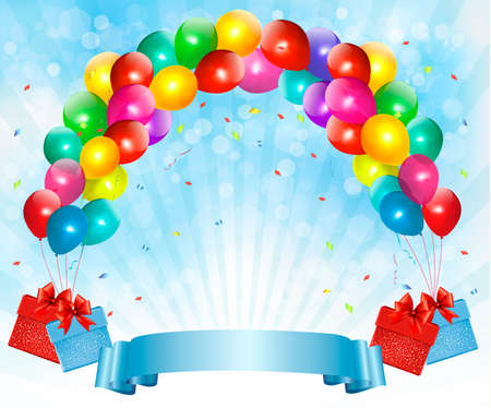Holiday background with colorful balloons and gift boxes. のイラスト素材