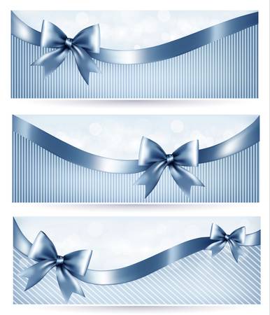 Set of blue holiday banners with gift glossy bow and ribbons. Vectorのイラスト素材