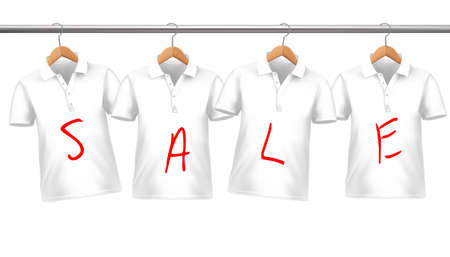 Shirts on sale hanging on hangers. Concept of discount shopping. のイラスト素材