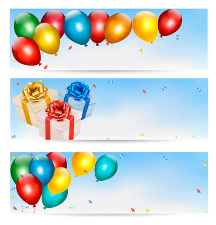 Holiday banners with colorful balloons and gift boxes. Vector.のイラスト素材