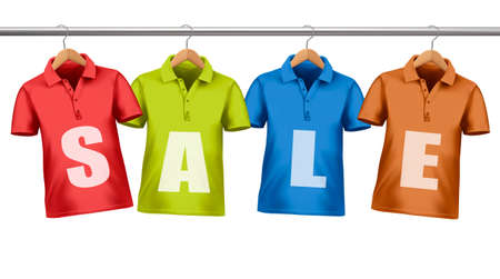 Shirts with price tags hanging on hangers. Concept of discount shopping. Vector illustration.のイラスト素材