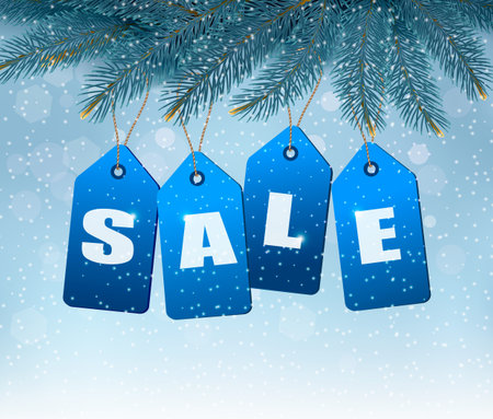 Holiday background with blue sale tags. Concept of discount shopping. Vector.のイラスト素材