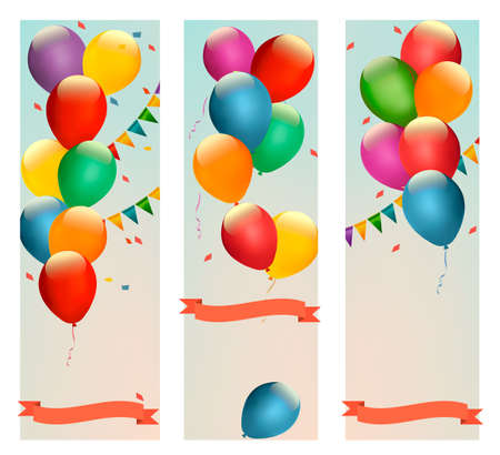 Retro holiday banners with colorful balloons and flags. のイラスト素材