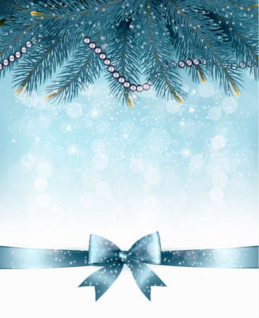Christmas background with  branches of tree and bow with ribbons. Vector.のイラスト素材