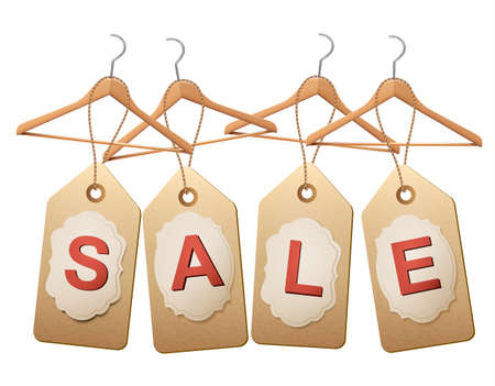 Four wooden hangers with price tags forming the word Sale. Discount promotion concept. Vector.のイラスト素材