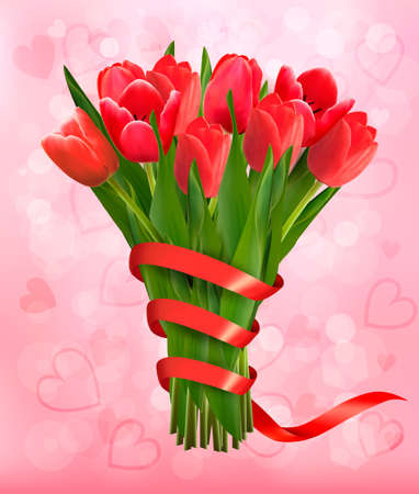 Valentine's holiday background with bouquet of pink flowers with bow and ribbon. Vector illustration.のイラスト素材