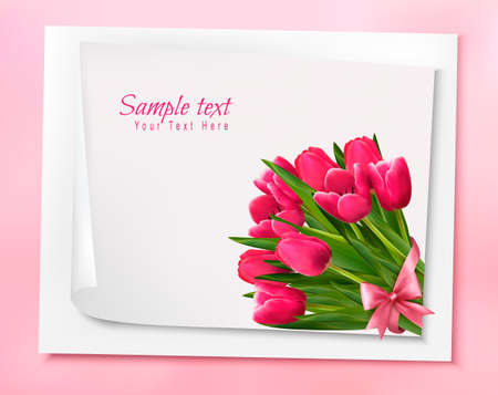 Holiday background with bouquet of pink flowers with bow and ribbon. Vector illustrationのイラスト素材