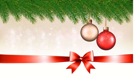 Christmas background with baubles, pine branches and ribbon with bow. Vector illustrationのイラスト素材