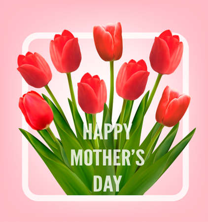 Red tulips with Happy Mother's Day gift card. Vector.のイラスト素材