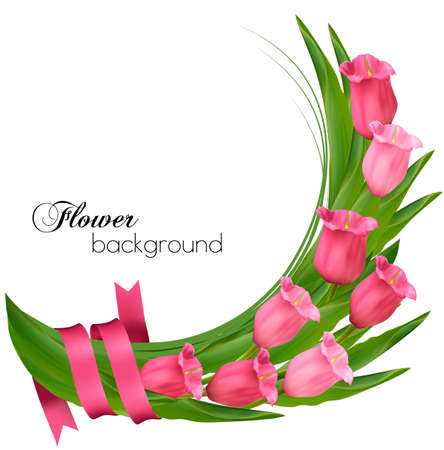 Holiday background with bouquet of pink flowers with bow and ribbon.のイラスト素材