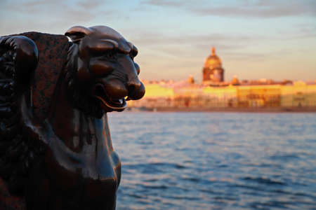 Griffon39s head Neva River and St. Petersburg skyline Russiaの写真素材