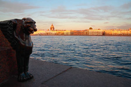 Griffon39s head Neva River and St. Petersburg skyline Russiaの写真素材